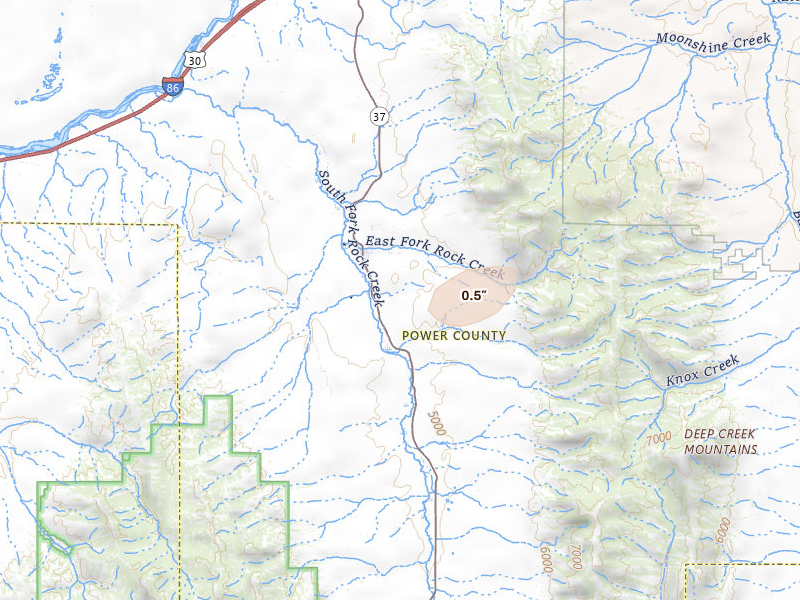 Radar-estimated hail-size map of the storm over Rockland, ID on Jul 25, 2026