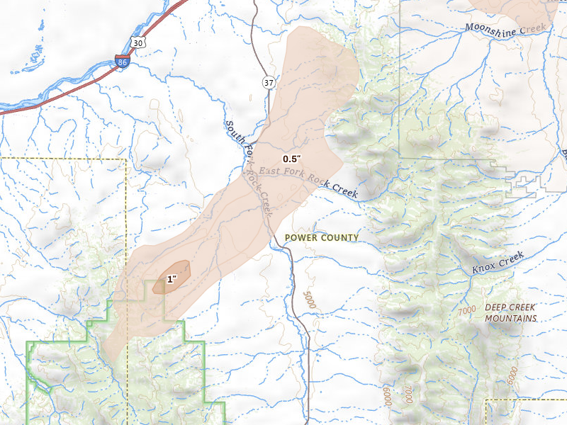 Radar-estimated hail-size map of the storm over Rockland, ID on Jul 29, 2026