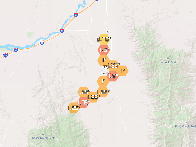 Hail map of Rockland, ID on Jul 29, 2026, hail up to 1.75"