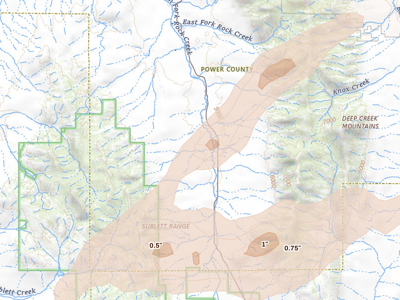 Radar-estimated hail-size map of the storm over Rockland, ID on Aug 23, 2026