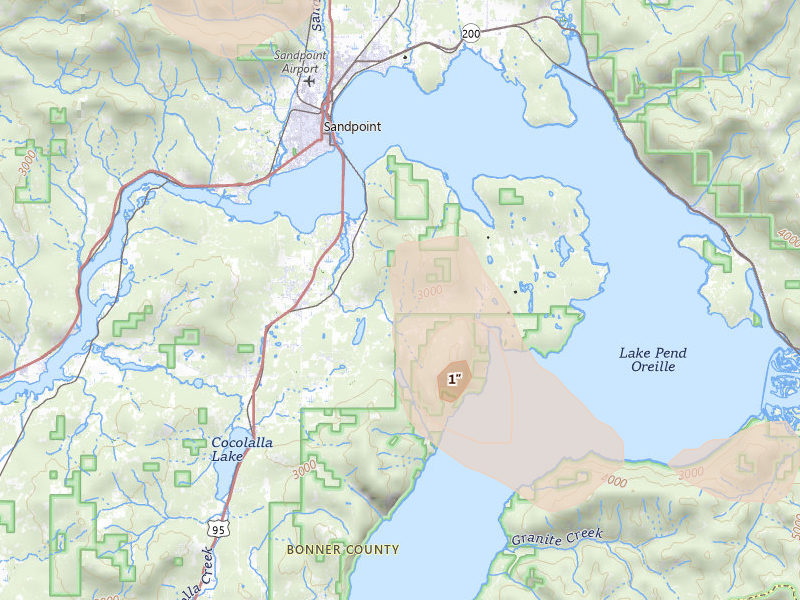 Radar-estimated hail-size map of the storm over Sagle, ID on May 28, 2026