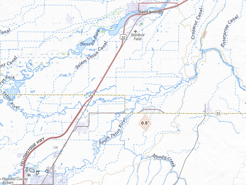 Radar-estimated hail-size map of the storm over Saint Anthony, ID on Aug 14, 2026