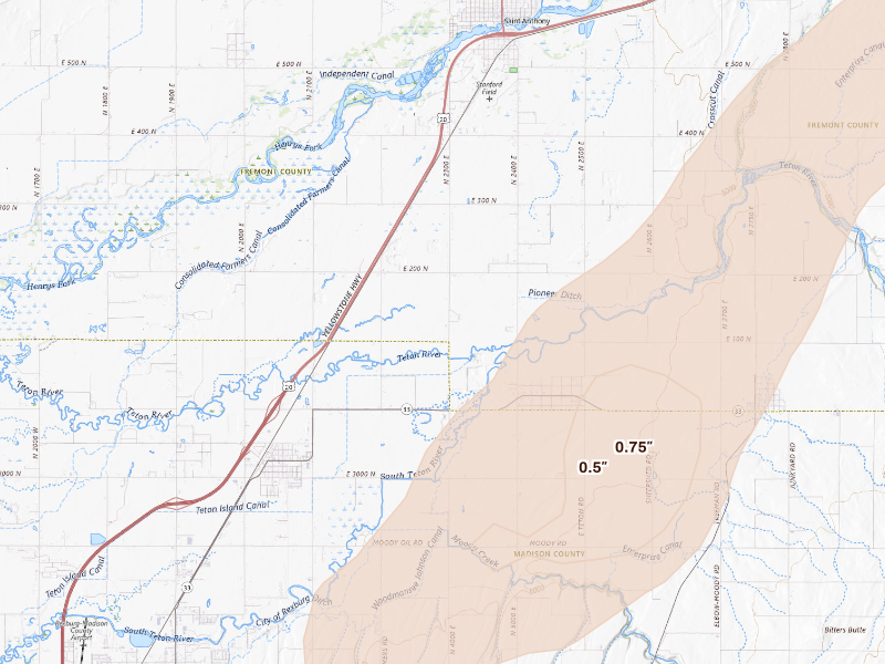 Radar-estimated hail-size map of the storm over Saint Anthony, ID
