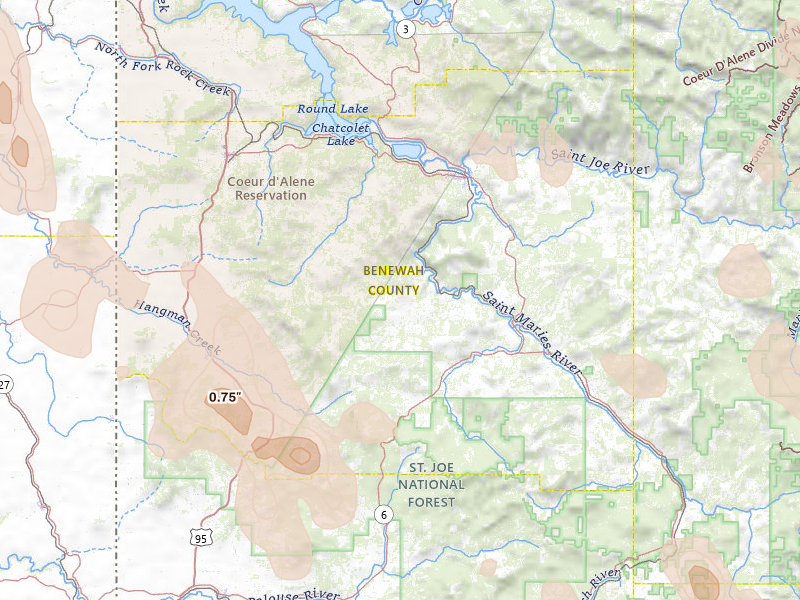 Radar-estimated hail-size map of the storm over Saint Maries, ID on May 28, 2026