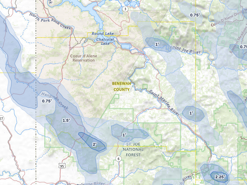 NEXRAD radar-signature map of the hail storm over Saint Maries, ID on May 28, 2026