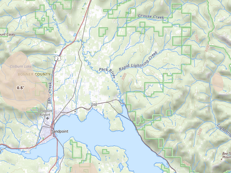 Radar-estimated hail-size map of the storm over Sandpoint, ID on May 28, 2026