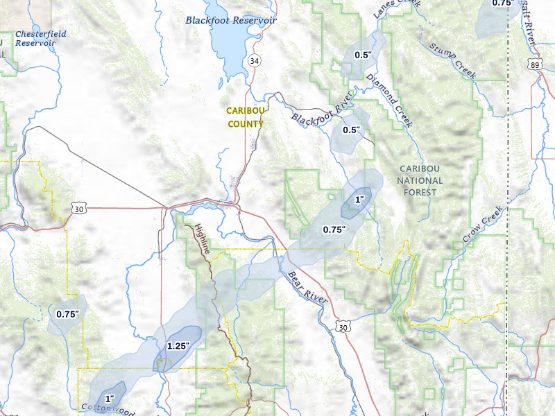 NEXRAD radar-signature map of the hail over Soda Springs, ID