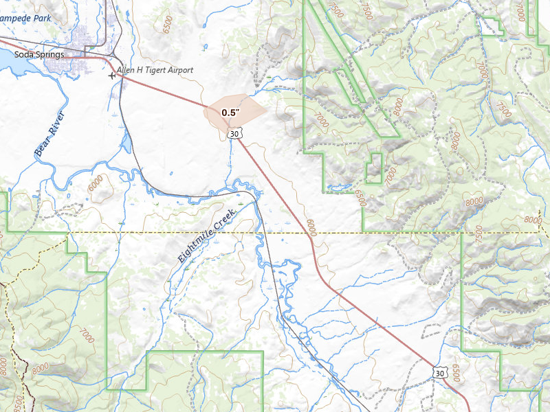 Radar-estimated hail-size map of the storm over Soda Springs, ID on Aug 20, 2026