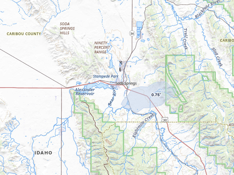 NEXRAD radar-signature map of the hail storm over Soda Springs, ID on Aug 20, 2026