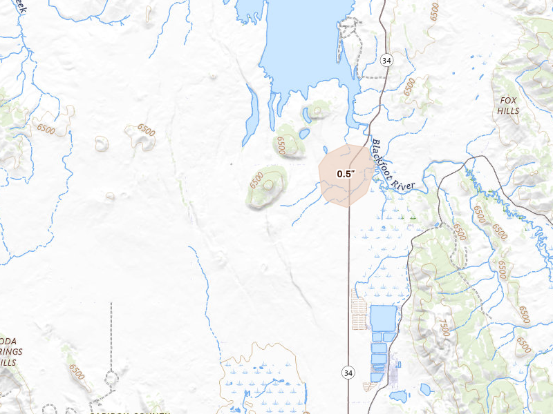 Radar-estimated hail-size map of the storm over Soda Springs, ID on Aug 22, 2026