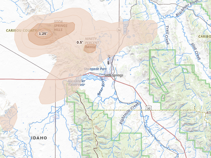 Radar-estimated hail-size map of the storm over Soda Springs, ID on Aug 23, 2026