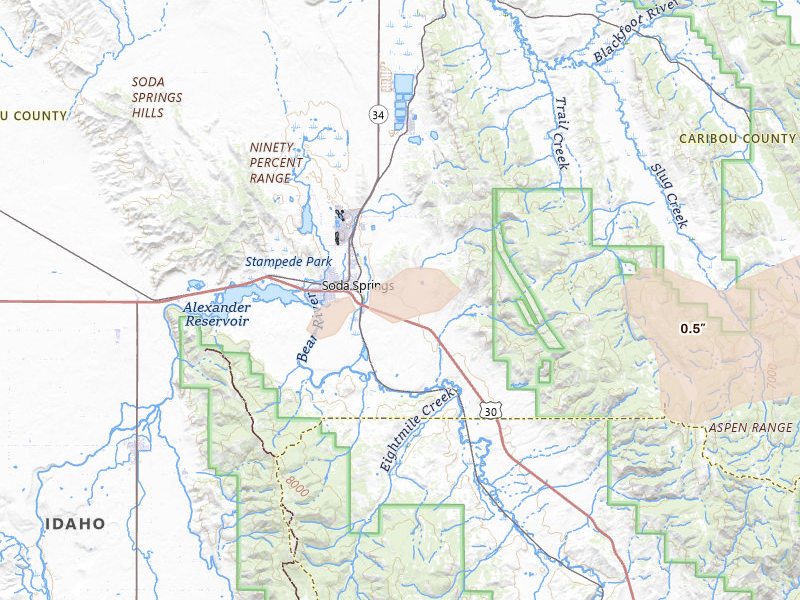Radar-estimated hail-size map of the storm over Soda Springs, ID on Aug 28, 2026