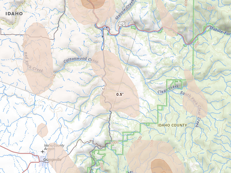 Radar-estimated hail-size map of the storm over Stites, ID on May 28, 2026