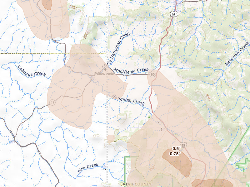 Radar-estimated hail-size map of the storm over Tensed, ID on May 28, 2026