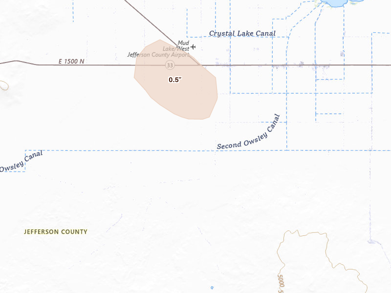 Radar-estimated hail-size map of the storm over Terreton, ID on Aug 16, 2026