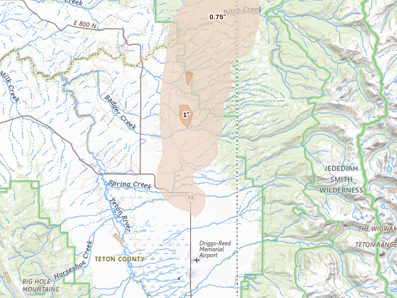 Radar-estimated hail-size map of the storm over Tetonia, ID