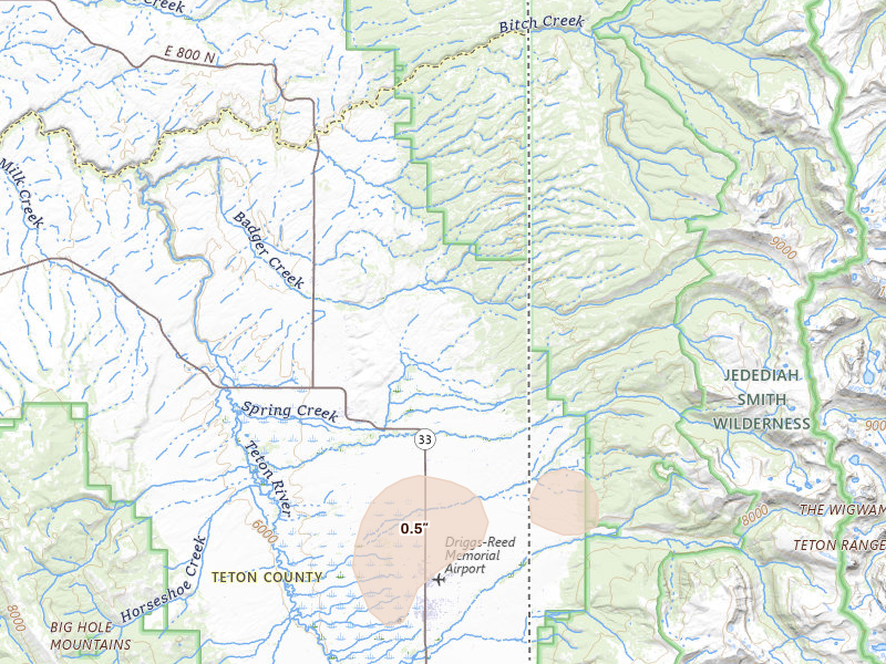 Radar-estimated hail-size map of the storm over Tetonia, ID on Jul 21, 2026