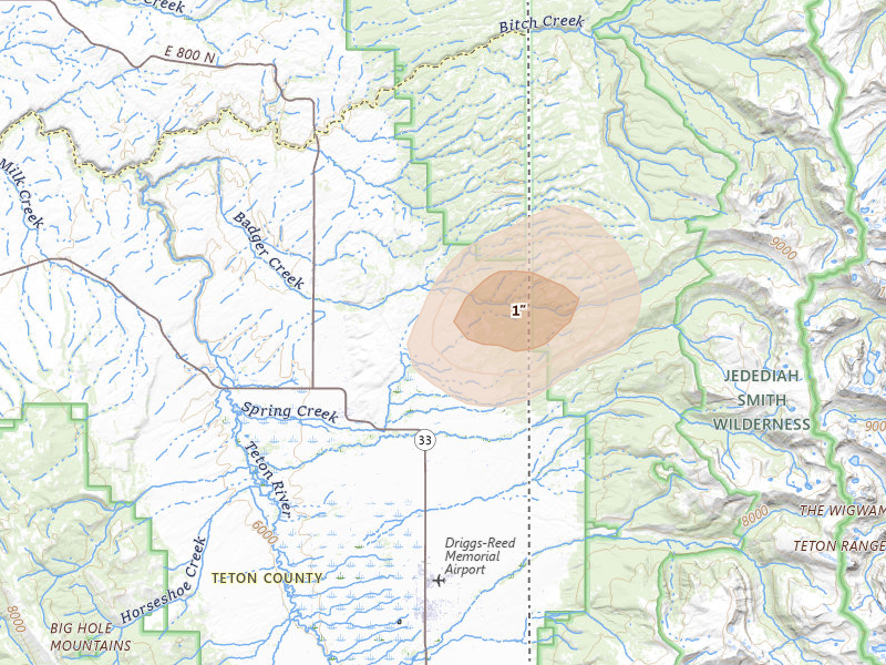 Radar-estimated hail-size map of the storm over Tetonia, ID on Jul 26, 2026
