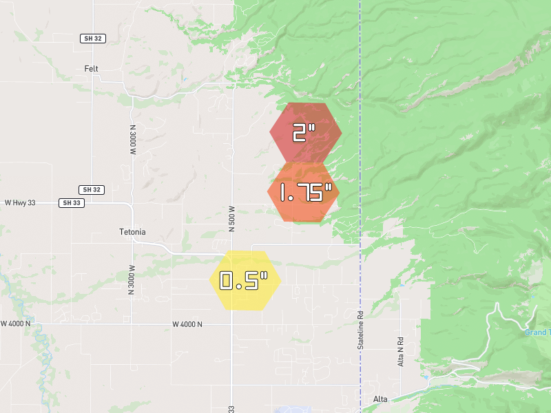 Hail map of Tetonia, ID on Jul 26, 2026, hail up to 2"