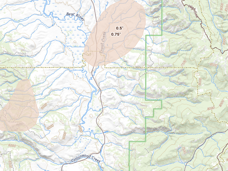 Radar-estimated hail-size map of the storm over Thatcher, ID on Jun 27, 2026