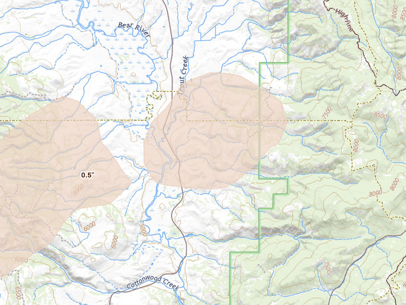 Radar-estimated hail-size map of the storm over Thatcher, ID on Aug 24, 2026