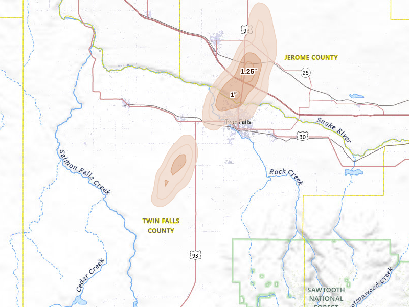 Radar-estimated hail-size map of the storm over Twin Falls, ID on Sep 1, 2026