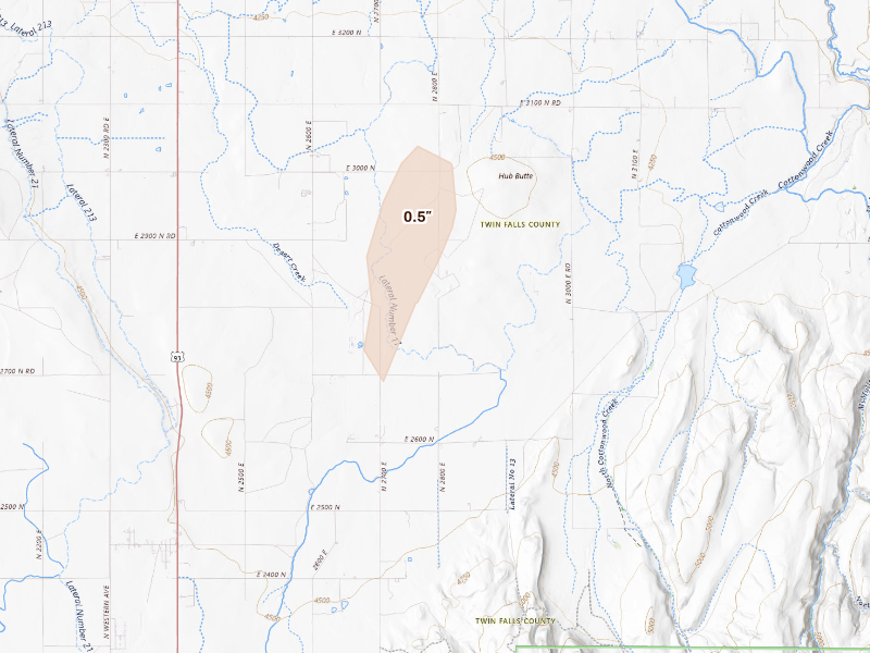Radar-estimated hail-size map of the storm over Twin Falls, ID on Sep 16, 2026