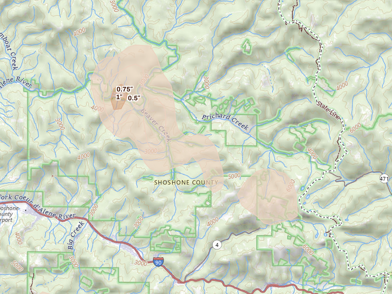 Radar-estimated hail-size map of the storm over Wallace, ID on May 28, 2026