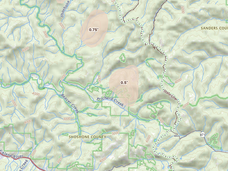 Radar-estimated hail-size map of the storm over Wallace, ID