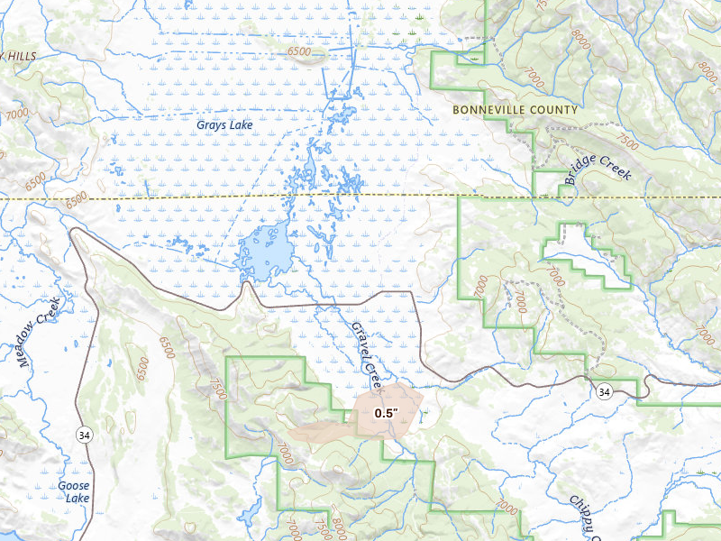 Radar-estimated hail-size map of the storm over Wayan, ID on Aug 17, 2026