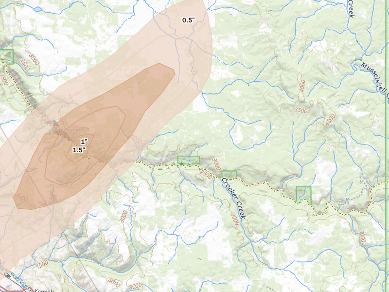 Radar-estimated hail-size map of the storm over Weippe, ID on Jul 16, 2026