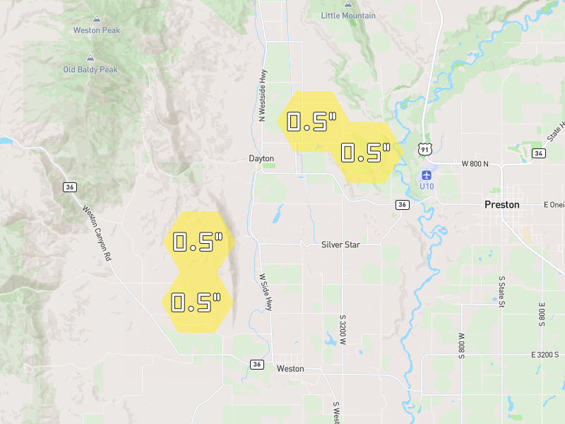Hail map of Weston, ID on Jul 7, 2026, hail up to 0.5"