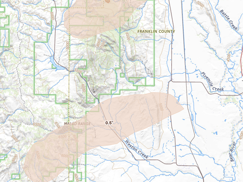 Radar-estimated hail-size map of the storm over Weston, ID on Aug 23, 2026