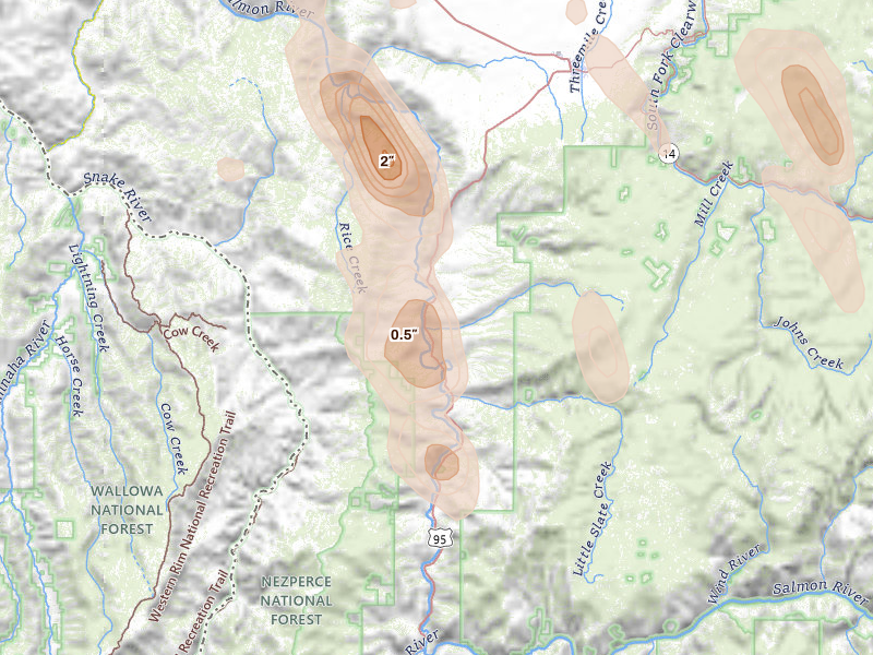 Radar-estimated hail-size map of the storm over White Bird, ID on May 28, 2026