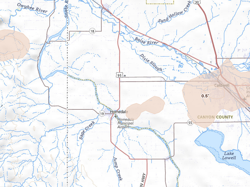 Radar-estimated hail-size map of the storm over Wilder, ID on Jun 26, 2026