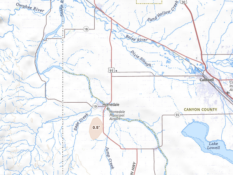 Radar-estimated hail-size map of the storm over Wilder, ID on Jul 17, 2026