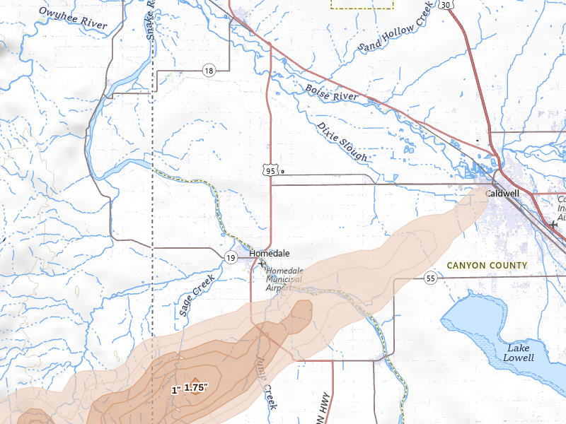 Radar-estimated hail-size map of the storm over Wilder, ID on Jul 23, 2026