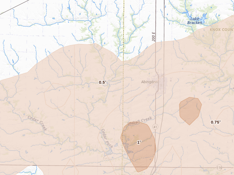 Radar-estimated hail-size map of the storm over Abingdon, IL on Jun 11, 2026
