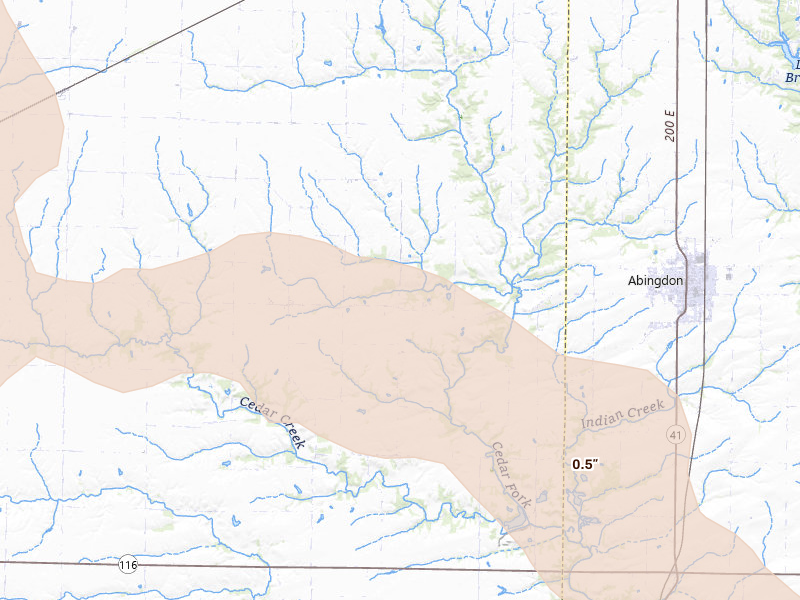 Radar-estimated hail-size map of the storm over Abingdon, IL on Aug 13, 2026