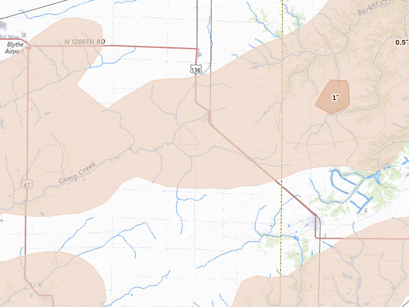 Radar-estimated hail-size map of the storm over Adair, IL on Jun 11, 2026