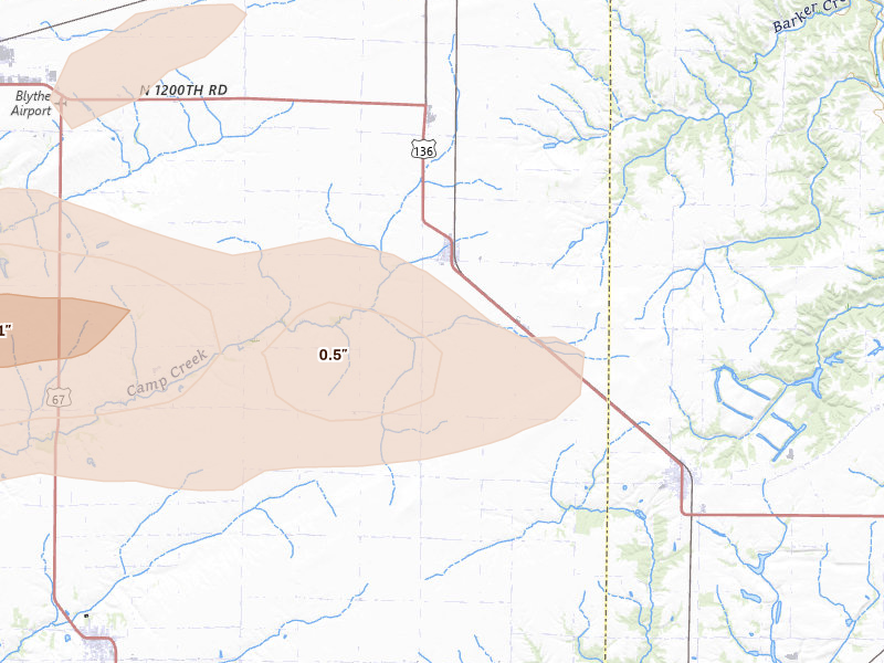 Radar-estimated hail-size map of the storm over Adair, IL on Jun 17, 2026