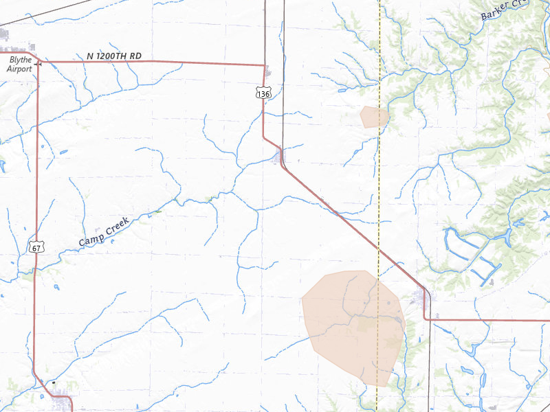 Radar-estimated hail-size map of the storm over Adair, IL on Aug 14, 2026