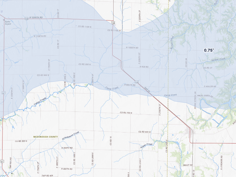 NEXRAD radar-signature map of the hail storm over Adair, IL on Aug 14, 2026