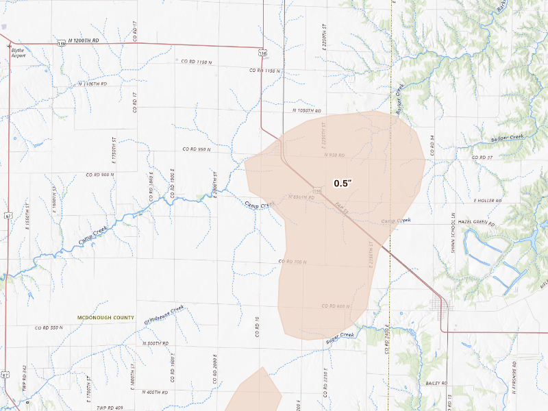 Radar-estimated hail-size map of the storm over Adair, IL