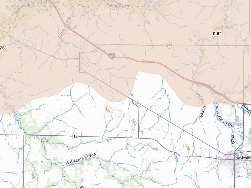 Radar-estimated hail-size map of the storm over Addieville, IL on Apr 27, 2026