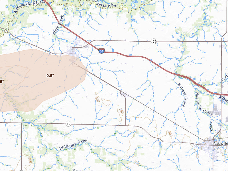 Radar-estimated hail-size map of the storm over Addieville, IL on Jul 10, 2026