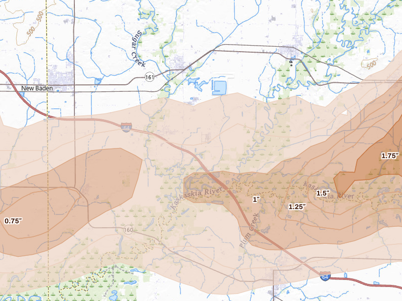 Radar-estimated hail-size map of the storm over Albers, IL on Apr 26, 2026