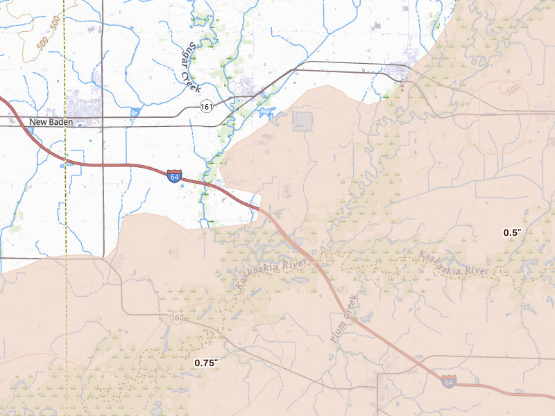 Radar-estimated hail-size map of the storm over Albers, IL on Apr 27, 2026