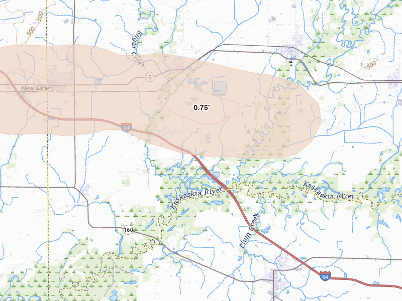 Radar-estimated hail-size map of the storm over Albers, IL on May 31, 2026