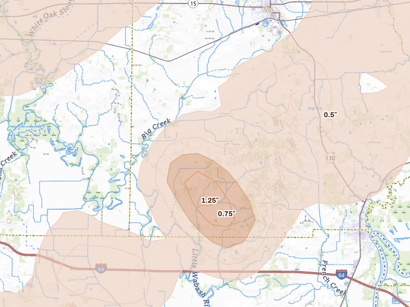 Radar-estimated hail-size map of the storm over Albion, IL on Apr 27, 2026